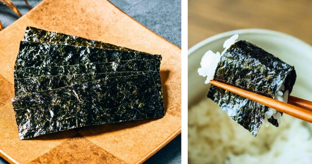 炊き立ての白ご飯を一番摘みの「有明漁師海苔」の有明海産味付け海苔で包み、箸で持ち上げ、実食する際の実写画像。素材本来の旨味を引き立てる自然な味付けと、口どけの良さが伝わる日常の食卓風景。