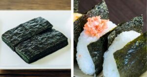 有明海産の一番摘み海苔で作られた高級味付け海苔と、それを使用して作った鮭おにぎり。しっとりしてもサクッと噛み切れる柔らかい質感が伝わる実食写真。